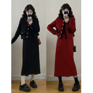 新年战袍大码女装胖mm秋冬气质亮片小香风外套高腰半身裙子两件套