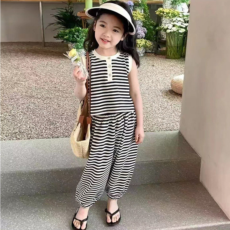 2024女童洋气套装儿童夏款韩版休闲裤时髦两件套小童宝宝无袖衣服