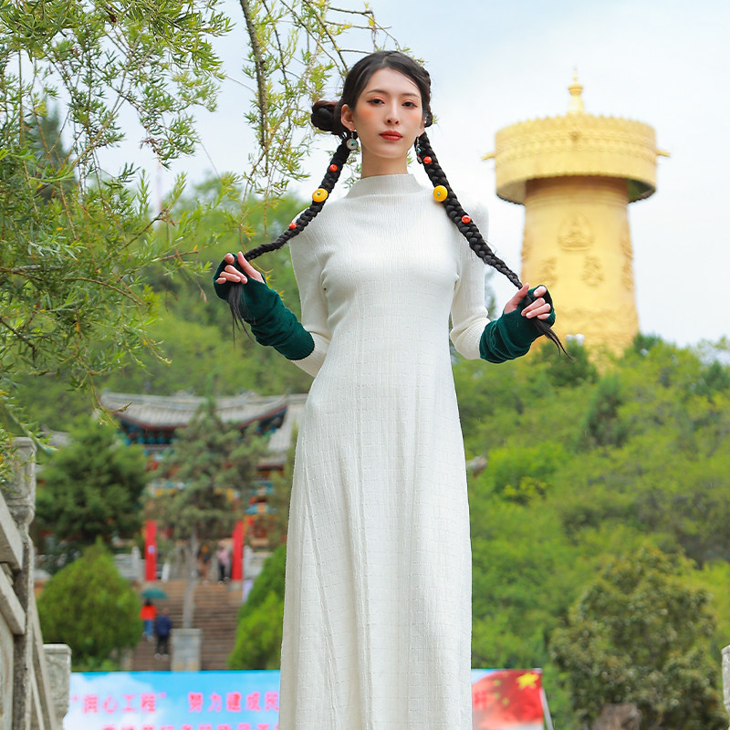 杨丽萍官方原创设计雀云裳民族风针织弹力圆领长袖打底连衣裙秋冬