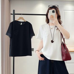 蕾丝拼接短袖 加肥加大码 新款 胖mm200斤夏季 T恤圆领气质上衣 女装