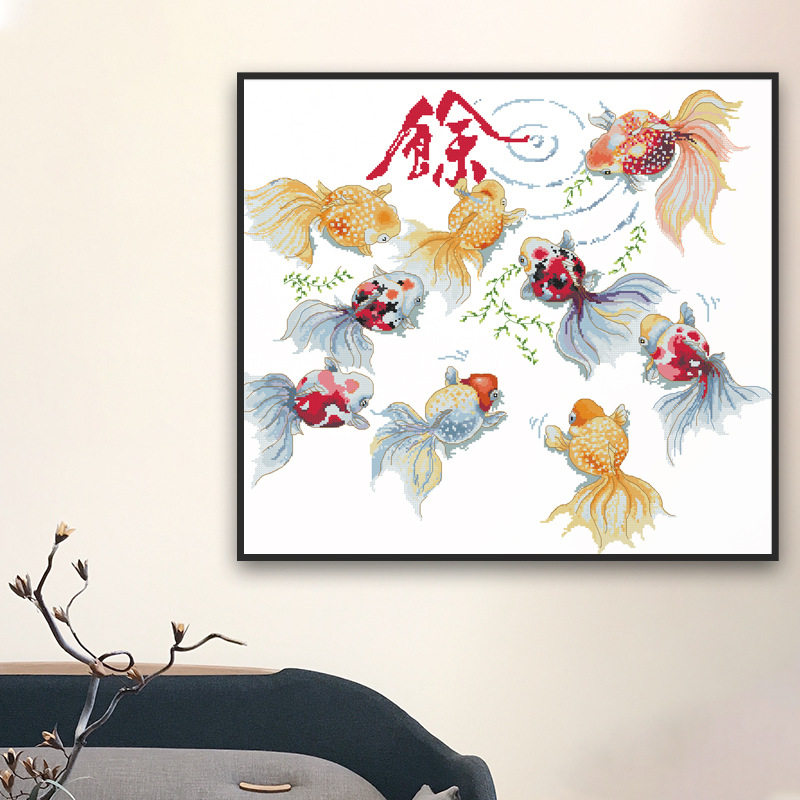 新款客厅大幅金玉满堂鲤鱼戏水图布艺品装饰画十字绣厂家