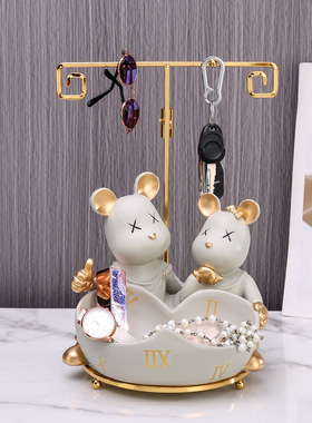 轻奢情侣熊托盘创意玄关钥匙收纳摆件客厅家居装饰品摆设乔迁