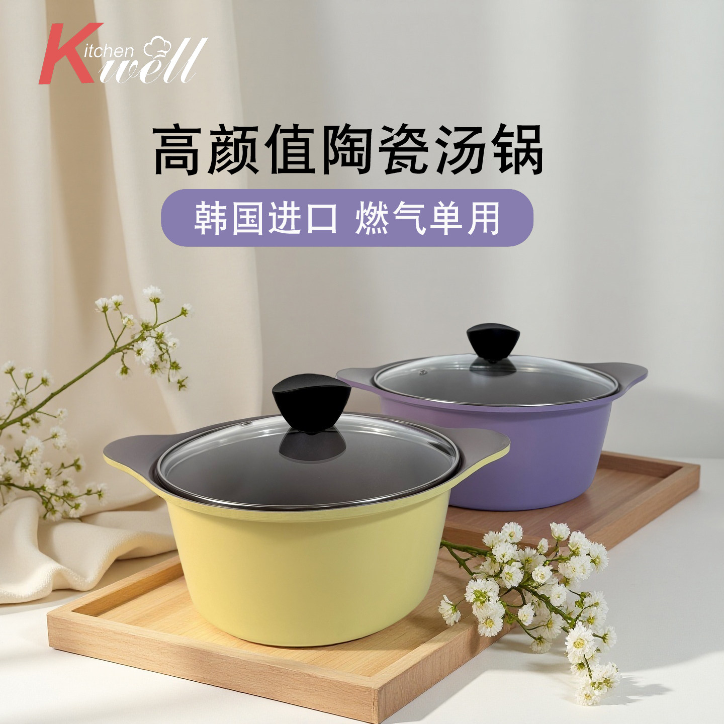 韩国原装进口kitchenwell陶瓷不粘汤锅炖锅家用奶锅蒸煮双耳燃气