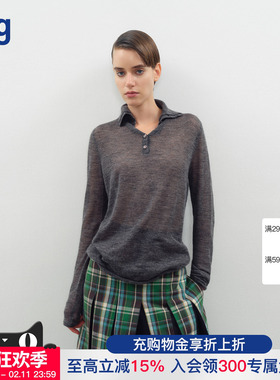 【JUNWEILIN】hug 2025秋冬新款灰色细马海毛纽扣高领上衣