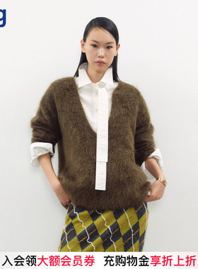 【JUNWEILIN】hug 新款紫色墨绿极细马海毛深V套头衫