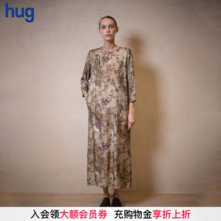 UMAWANG 長袖 hug 復古印花中式 連衣裙 2025春夏新款