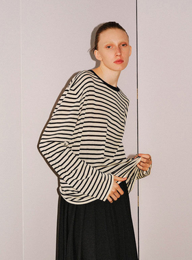 【INTO THE EAST】hug 新黑白条纹长袖针织T恤上衣