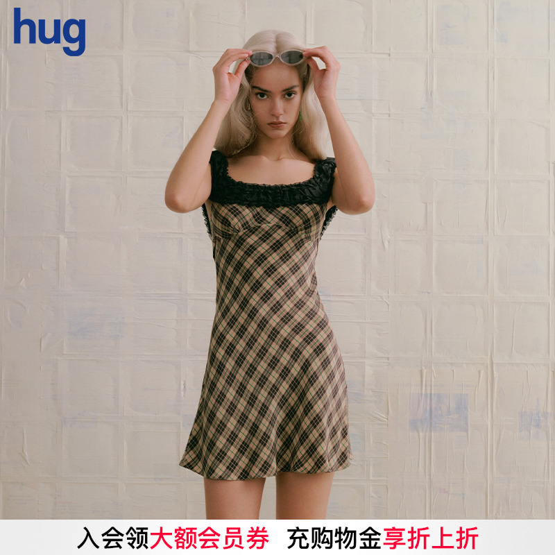 【MARCHEN】hug 2025春夏新款无袖短裙桑蚕丝双姝格纹吊带连衣裙
