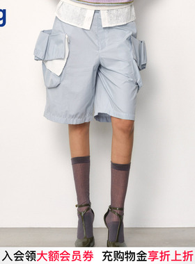 【JUNWEILIN】hug 新款拼白绣花边泡泡口袋短裤