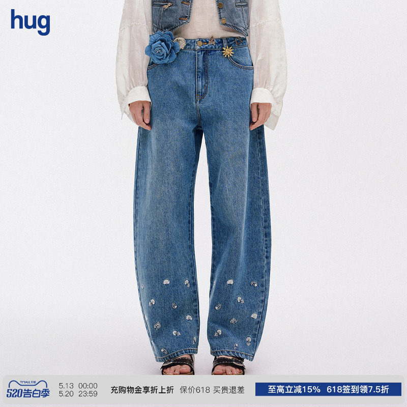 【ICEDUST】hug 2026新小花刺绣弯刀牛仔裤