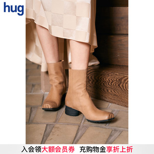 新款 hug 設計師品牌 復古后拉鏈黑跟短靴 UMAWANG