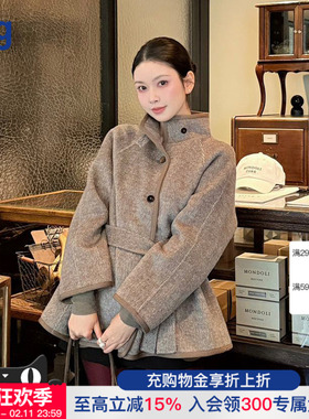 【AETNA PROJECT】hug 2025秋冬新款灰褐色毛绒高领中长款外套