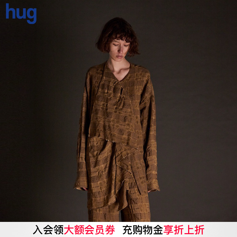 【UMAWANG】hug 2025秋冬新款复古格纹荷叶边长袖衬衫