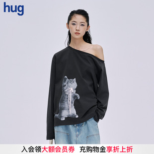 2025新斜开肩小猫印花长袖 hug T恤上衣 MARKGONG Lisa刘雯同款