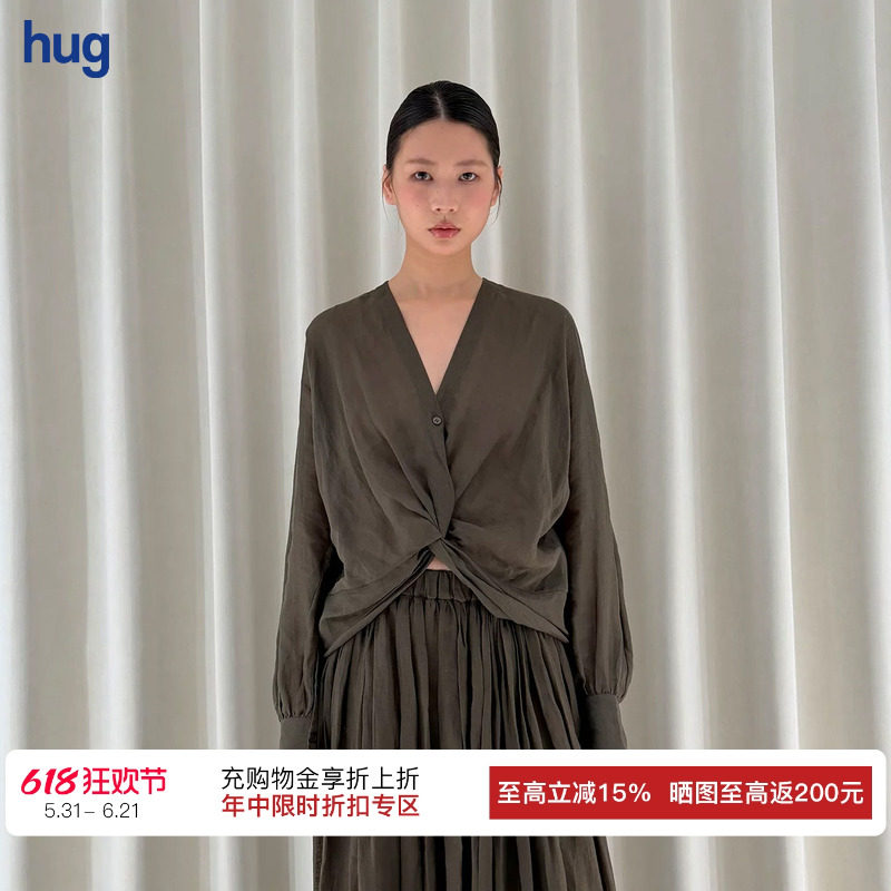 【INTO THE EAST】hug 2026橄榄绿v领扭结上衣长袖衬衫
