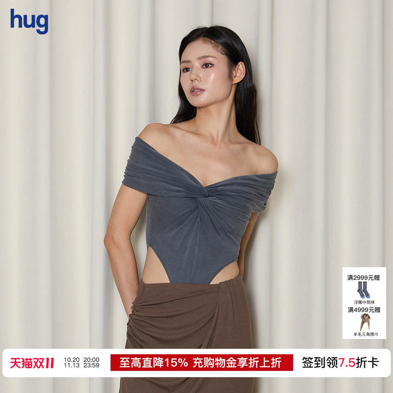 【OUDE WAAG】hug  洗水针织纽结连体衣淡人一字肩修身上衣