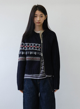 【JUNWEILIN】hug 度假系列经典款费尔岛拼接不对称针织开衫