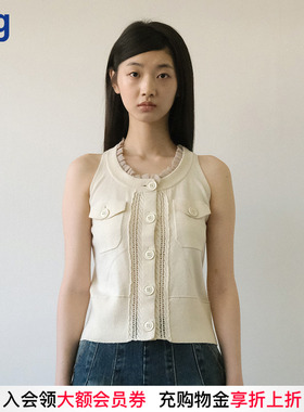 【JUNWEILIN】hug 花边装饰挖肩针织背心上衣