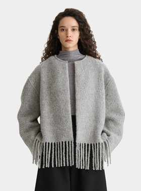 【DEEPMOSS】hug 2025秋冬新款霜灰色无领羊毛混纺流苏大衣