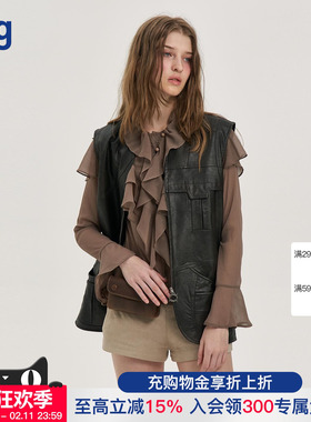 【PANNPANN】hug 2025秋冬新款城市旅人皮革马甲暗墨咖黑色