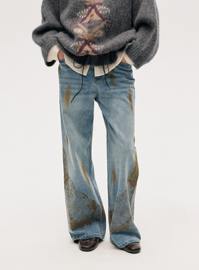 【ICE DUST】hug 2025秋冬新款长裤做旧蕾丝牛仔裤icedust