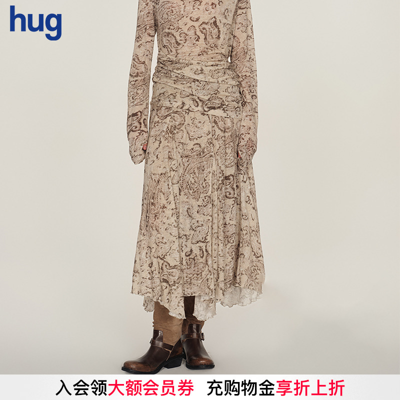 【ICE DUST】hug 2025秋冬新款半身裙卷边印花针织长半裙