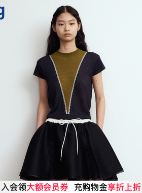 【JUNWEILIN】hug 2026春夏新款宫廷织带针织短袖T恤背心