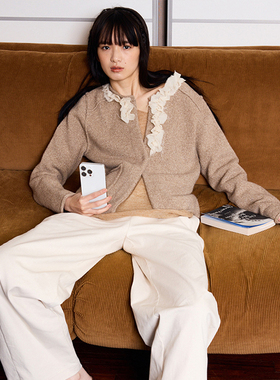 【JUNWEILIN】hug 冬新款长袖木耳花边针织开衫外套