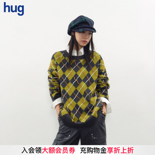 2025秋冬新款 hug 手工钩线深紫绿菱格纹毛织套头衫 JUNWEILIN