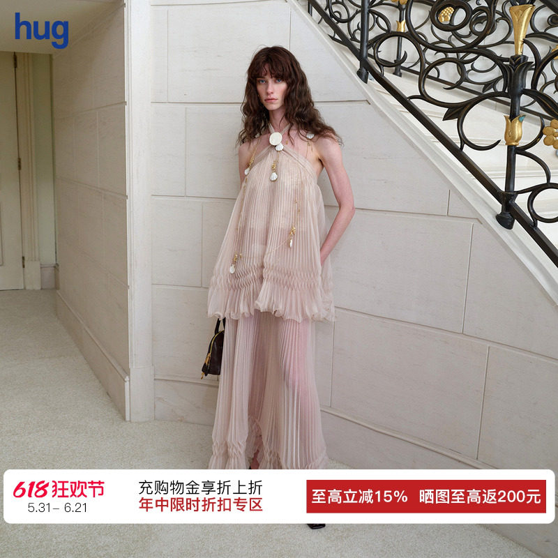 【Cello Sonata】hug 2026夏季新款薄纱定位压褶挂脖绑带连衣裙