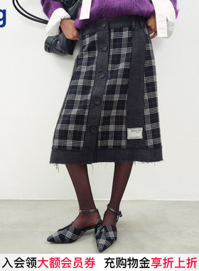 【JUNWEILIN】hug 秋冬新款蓝白格纹解构拼接羊毛半裙