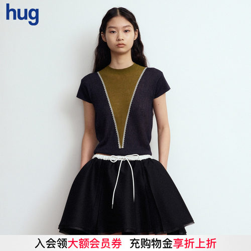 【JUNWEILIN】hug 2026春夏新款宫廷织带针织短袖T恤背心