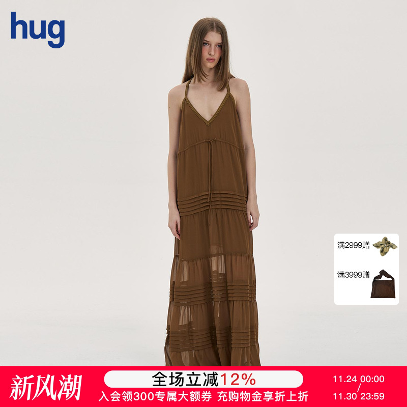 焦糖褶饰长裙焦糖棕色长款