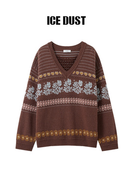 【ICE DUST】hug 2025秋冬新款提花镂空V领套头毛衫icedust