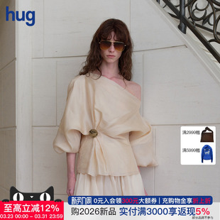 Cello 真丝绡缎斜肩打褶长袖 Sonata 2026春夏新款 上衣 hug