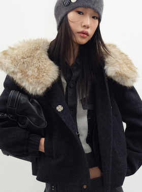 【JUNWEILIN】hug 2025秋冬新款深灰羊毛双面尼拼环保夹克上衣