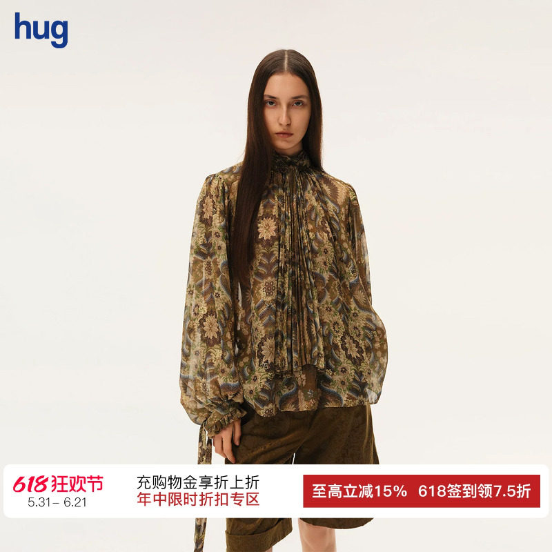【INTO THE EAST】hug 2026早春新款棕榈卷草压褶飘带上衣