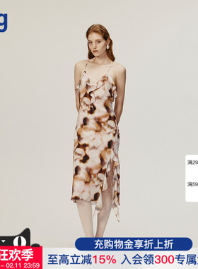 【AETNA PROJECT】hug 2025粉棕色晕染印花荷叶边连身裙