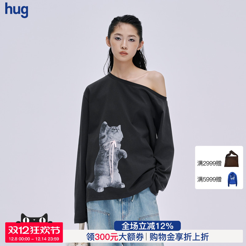 MARKGONG斜开肩小猫印花上衣