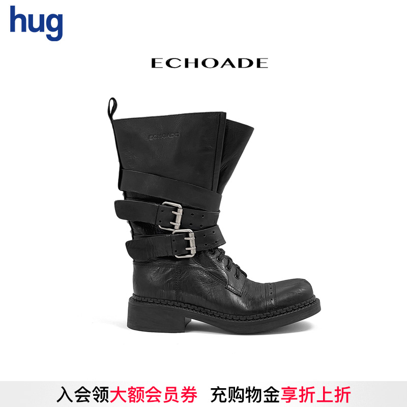 【ECHOADE】hug 2025秋冬粗跟英伦马丁靴女复古皮带扣百搭机车靴