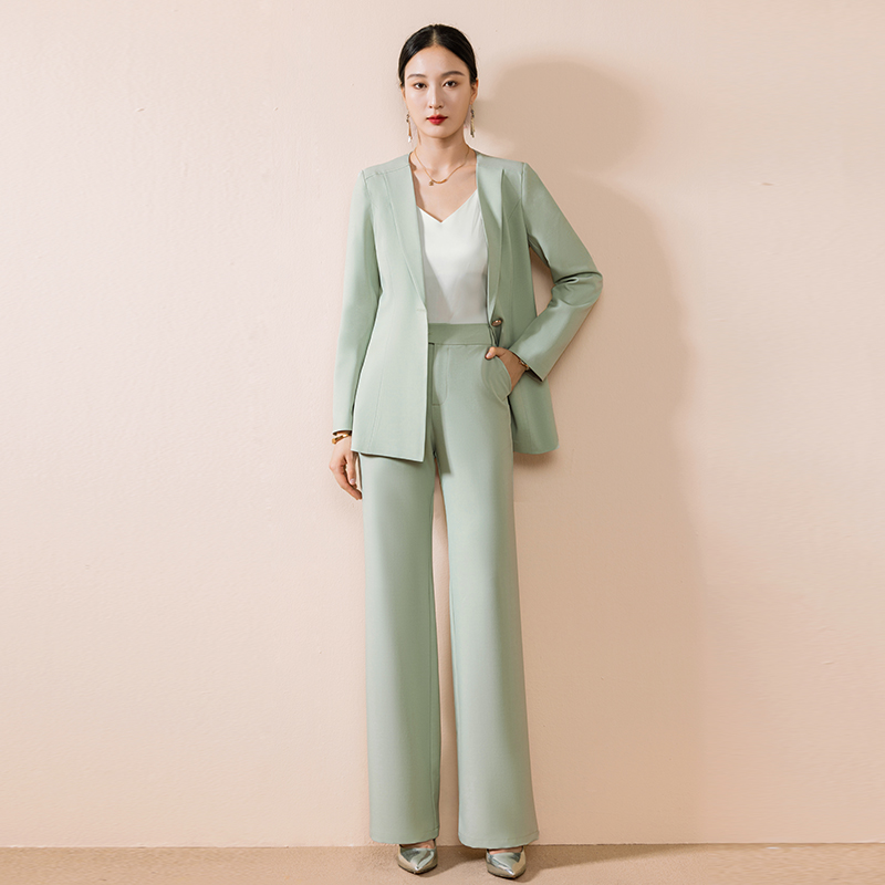 高端豆绿色西装套装女春秋时尚气质医美经理职业外套直筒裤工作服