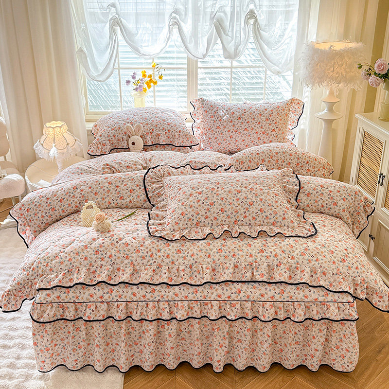 秋冬款全套夹棉加厚全棉纯棉床裙四件套床上用品床罩式被套三件套