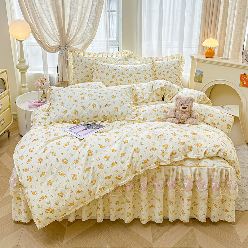 四季夹棉全棉纯棉床裙式四件套加带防滑加厚床罩被套被罩床上用品