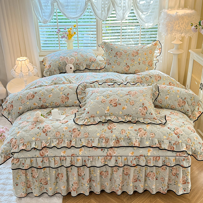 秋冬款加厚全套夹棉全棉纯棉床裙四件套网红款床上用品床罩式被套