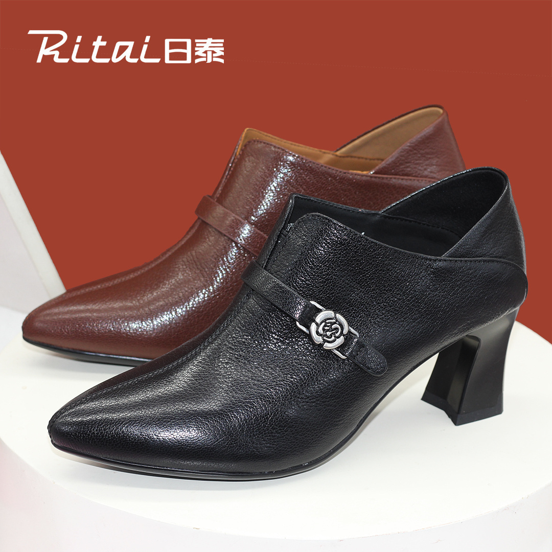 日泰尖头单鞋女真皮深口高跟鞋女