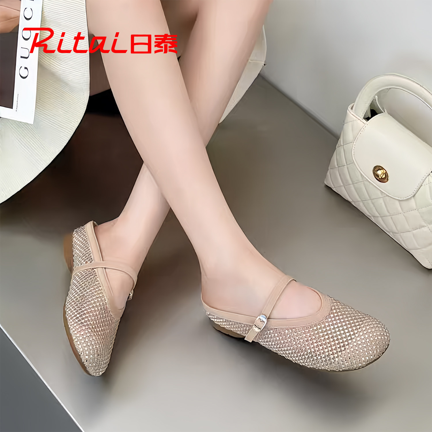 日泰水钻玛丽珍包头拖鞋女2026夏季新款配裙子渔网勃肯半拖鞋外穿