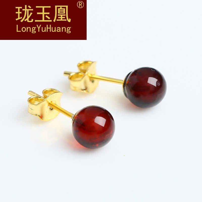 珑玉凰琥珀血泊耳钉女款 925银镶嵌圆珠原石耳饰耳环带证书HW0516