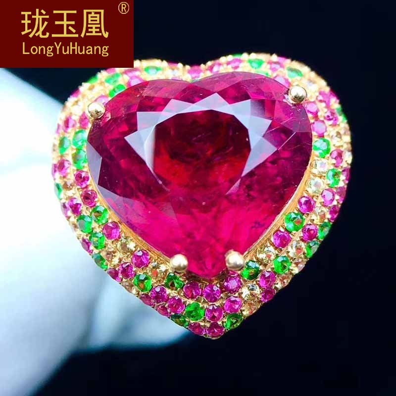 红碧玺卢比来戒指吊坠两用款 18K金镶嵌红绿碧玺裸石戒指项坠