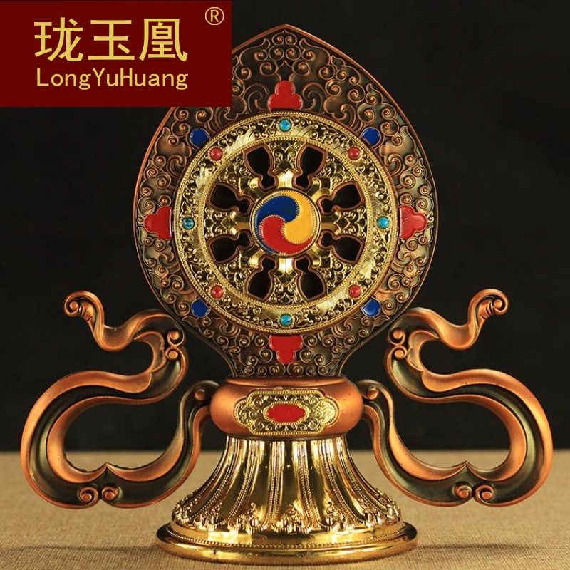 藏传密宗法器佛教用品鎏金彩绘珐琅法轮七珍七政宝摆件佛堂hw0502