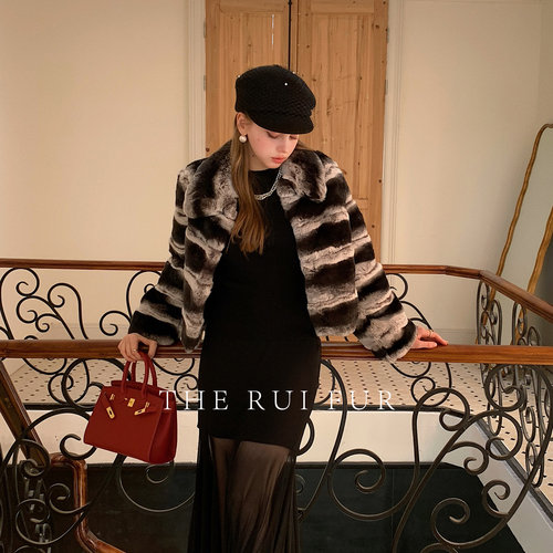 进口青紫蓝兔毛皮草时髦外套女